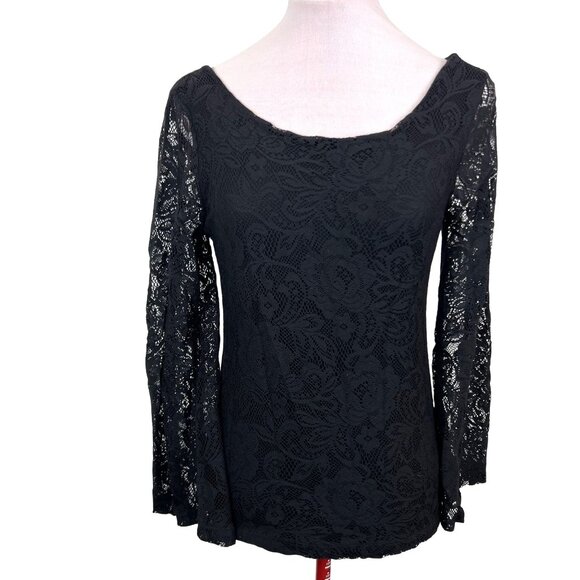 Witchy Boho Chic Black Lace Bell Sleeve Scooped Back Stretch Womens Top Medium - Picture 1 of 10